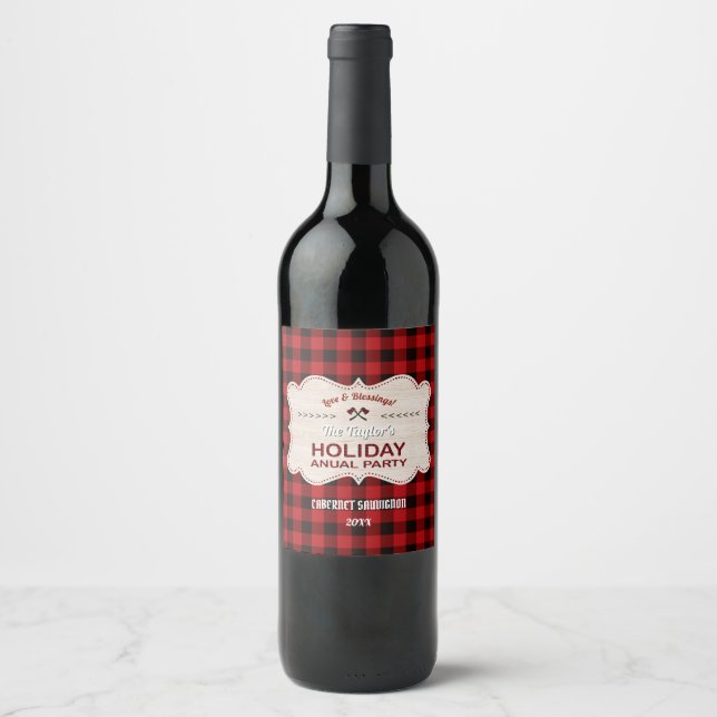 Red Buffalo Plaid Wood Holiday Annual Party Wine Label (Front)