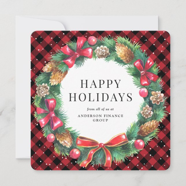 Red Buffalo Plaid Wreath Corporate Business Holiday Card (Front)