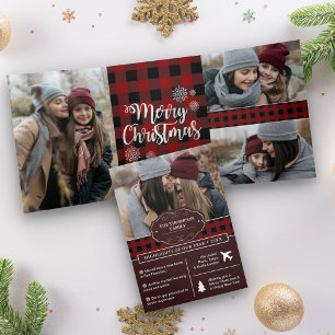 Red Buffalo Plaid Year in Review Christmas Photo Tri-Fold Holiday Card