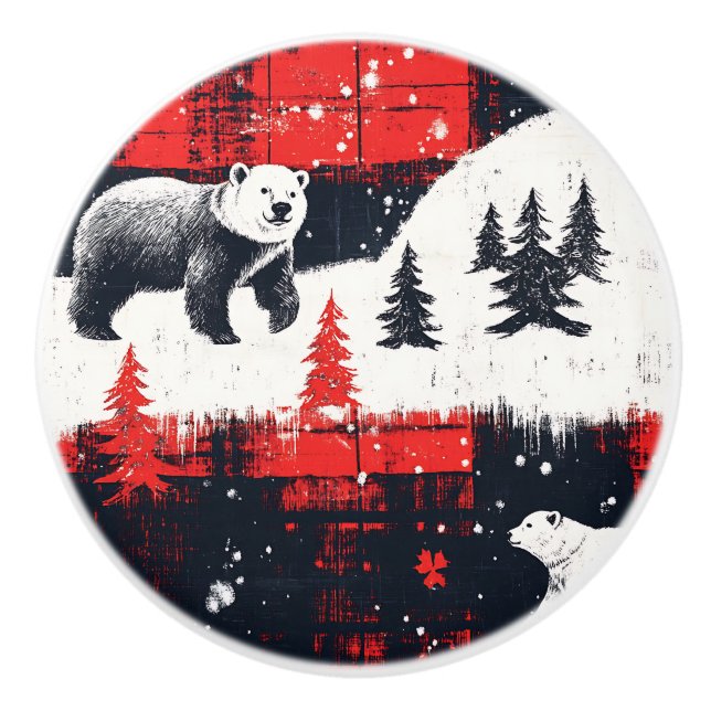 Red Buffalo Plaids Polar Bear Ceramic Knob (Front)