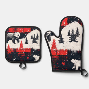 Red Buffalo Plaids Polar Bear Oven Mitt & Pot Holder Set