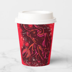 Red Bull Running In Starry Night Paper Cups