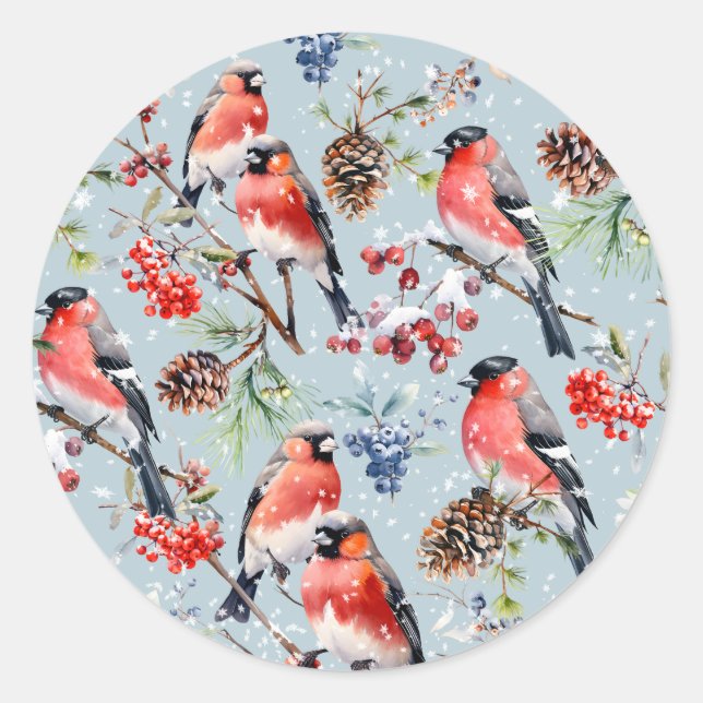 Red Bullfinch Christmas Birds Berries & Pine Cones Classic Round Sticker (Front)