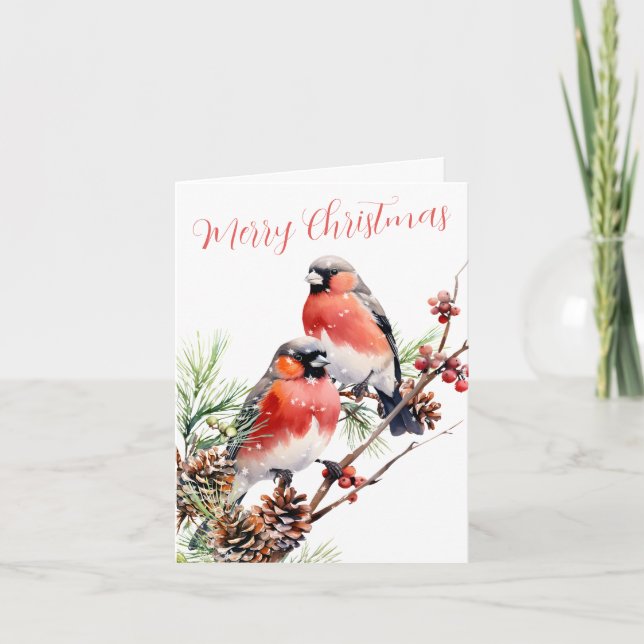 Red Bullfinch Christmas Birds Berries & Pine Cones Holiday Card (Front)