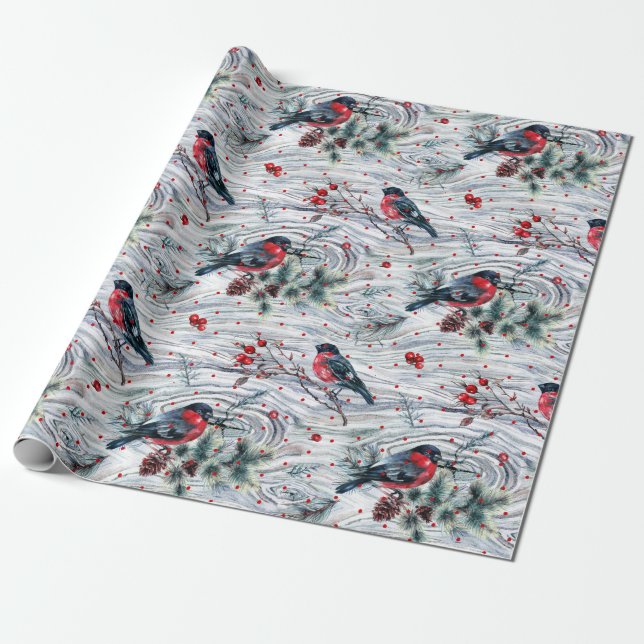 Red Bullfinch & Christmas Foliage Pattern Wrapping Paper (Unrolled)