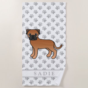 Red Bullmastiff Cute Cartoon Dog & Name Beach Towel