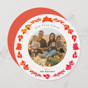 Red Bunny Folk Art New Year Holiday Photo Card