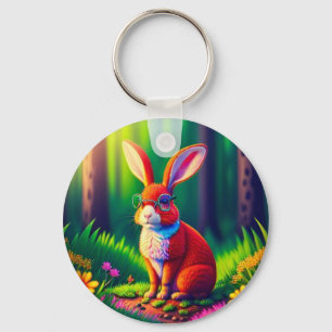 Red Bunny Sitting on Grass Key Ring