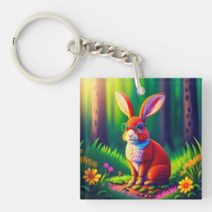 Red Bunny Sitting on Grass Key Ring