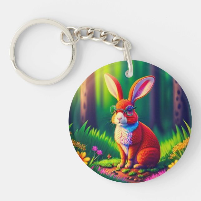 Red Bunny Sitting on Grass Key Ring (Front)