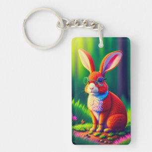 Red Bunny Sitting on Grass Key Ring