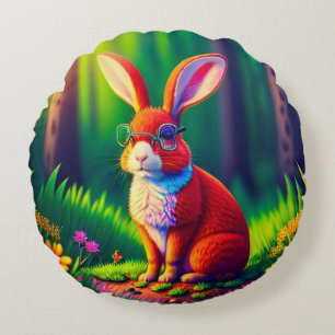Red Bunny Sitting on Grass Round Cushion