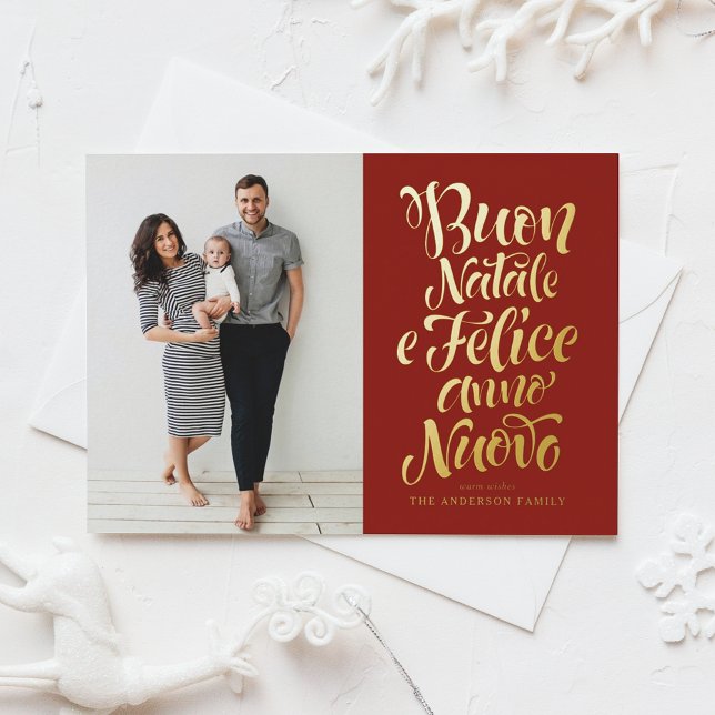 Red Buon Natale Calligraphy Christmas Photo  Foil Holiday Card (Creator Uploaded)