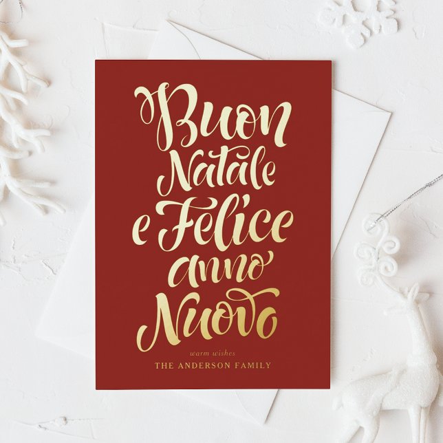 Red Buon Natale e Felice Anno Nuovo Script Foil Holiday Card (Creator Uploaded)