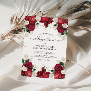 Red Burgandyd & White Floral Elegant Wedding Invitation
