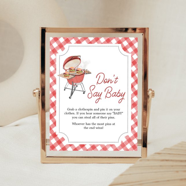 Red Burger BBQ Baby Shower Don't Say Baby  Poster (Backyard BBQ Baby Shower Don't Say Baby Sign)