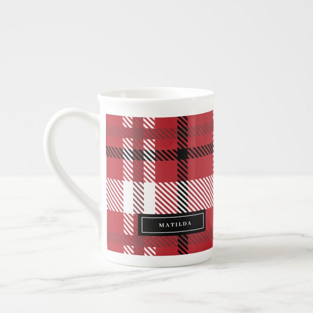 Red, burgundy and black tartan check Christmas Bone China Mug (Left)