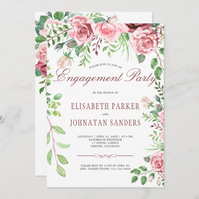Red Burgundy and Blush Pink Roses Engagement Party Invitation (Front/Back)