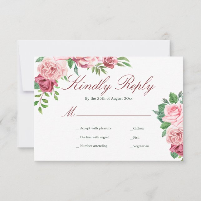 Red Burgundy and Blush Pink Roses Meal Options RSVP Card (Front)