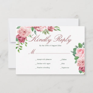 Red Burgundy and Blush Pink Roses Meal Options RSVP Card