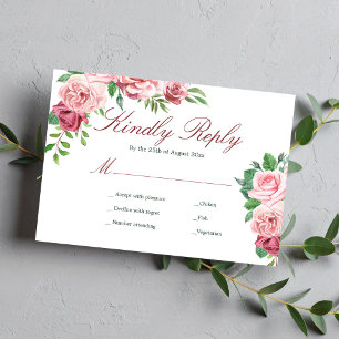 Red Burgundy and Blush Pink Roses Meal Options RSVP Card