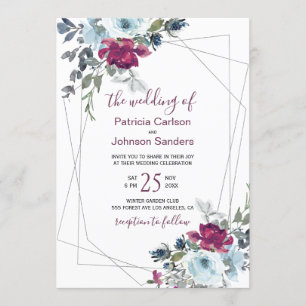Red burgundy and dusty blue winter floral wedding invitation