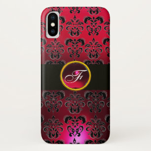 RED BURGUNDY BLACK DAMASK GEM STONE MONOGRAM iPhone X CASE