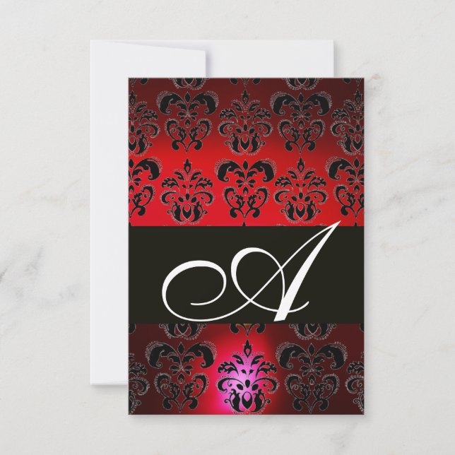 RED BURGUNDY BLACK DAMASK MONOGRAM RSVP ruby white Card (Front)