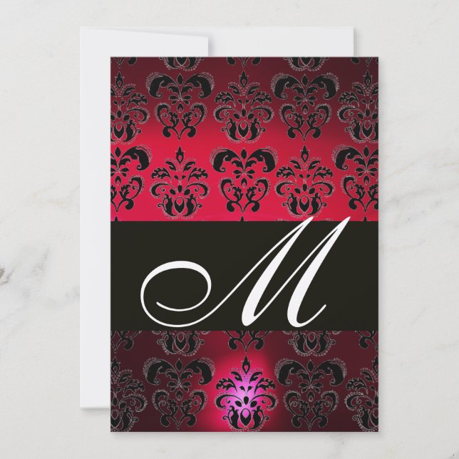 RED BURGUNDY BLACK DAMASK MONOGRAM ruby gold Invitation (Front)
