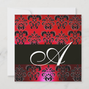RED BURGUNDY BLACK  DAMASK MONOGRAM , ruby white Invitation