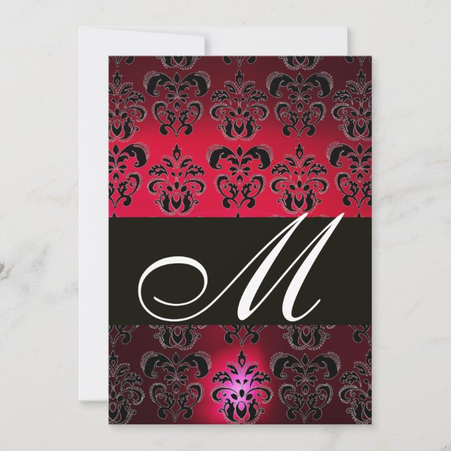 RED BURGUNDY BLACK DAMASK MONOGRAM ruby white Invitation (Front)