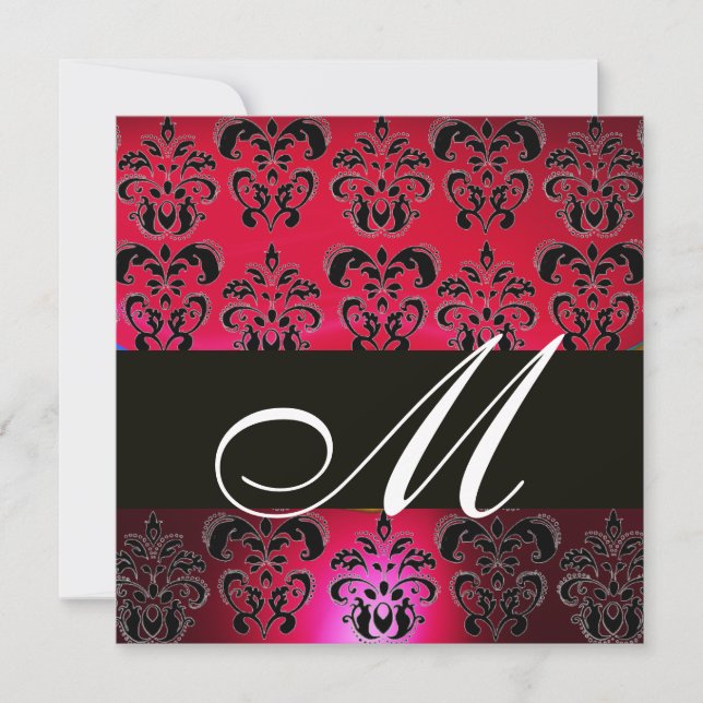 RED BURGUNDY BLACK  DAMASK MONOGRAM , ruby white Invitation (Front)