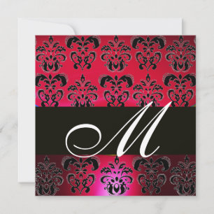 RED BURGUNDY BLACK  DAMASK MONOGRAM , ruby white Invitation