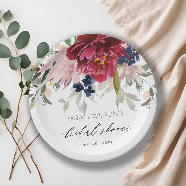Red Burgundy Blush Blue Floral Bridal Shower Paper Plate (Creator Uploaded)