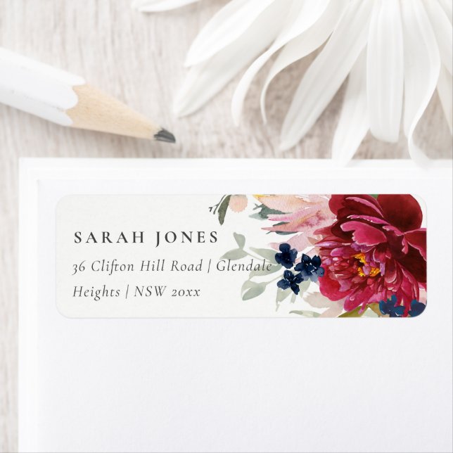 Red Burgundy Blush Blue Floral Bunch Address Return Address Label (Insitu)