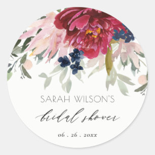 Red Burgundy Blush Blue Floral Bunch Bridal Shower Classic Round Sticker