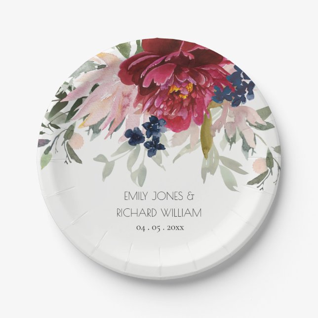 Red Burgundy Blush Blue Floral Wedding Bunch Paper Plate (Front)