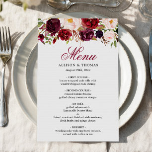 Red Burgundy Blush Floral Chic Wedding Dinner Menu
