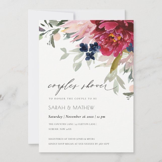 Red Burgundy Blush Floral Couples Shower Invite (Front)