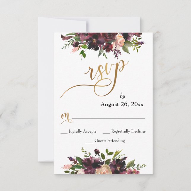 Red Burgundy Blush Floral Gold Script Wedding RSVP Card (Front)