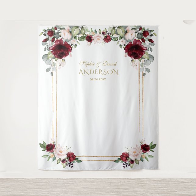 Red Burgundy Blush Floral Wedding Photo Prop Tapestry (Front)