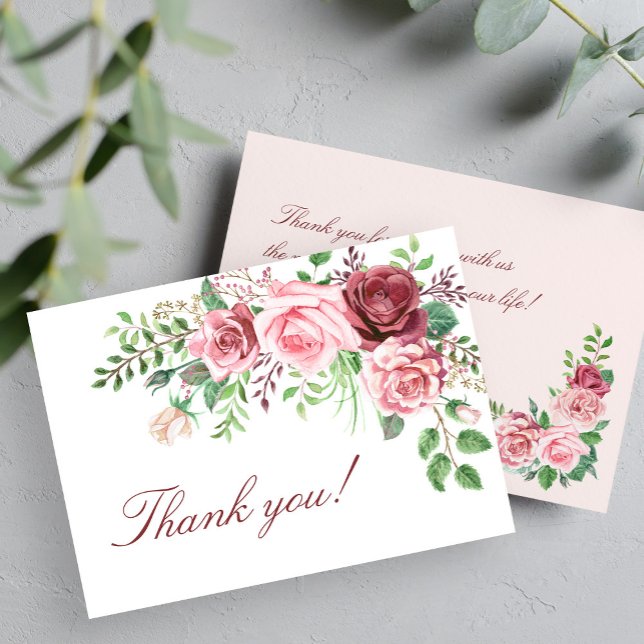 Red Burgundy Blush Pink Roses Wedding Thank You Card (Creator Uploaded)