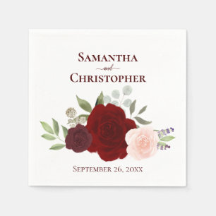 Red Burgundy & Blush Watercolor Roses Wedding Napkin