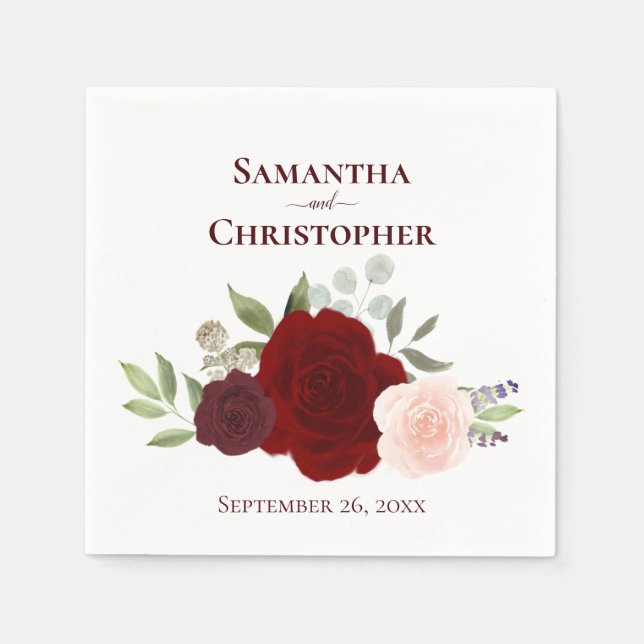 Red Burgundy & Blush Watercolor Roses Wedding Napkin (Front)