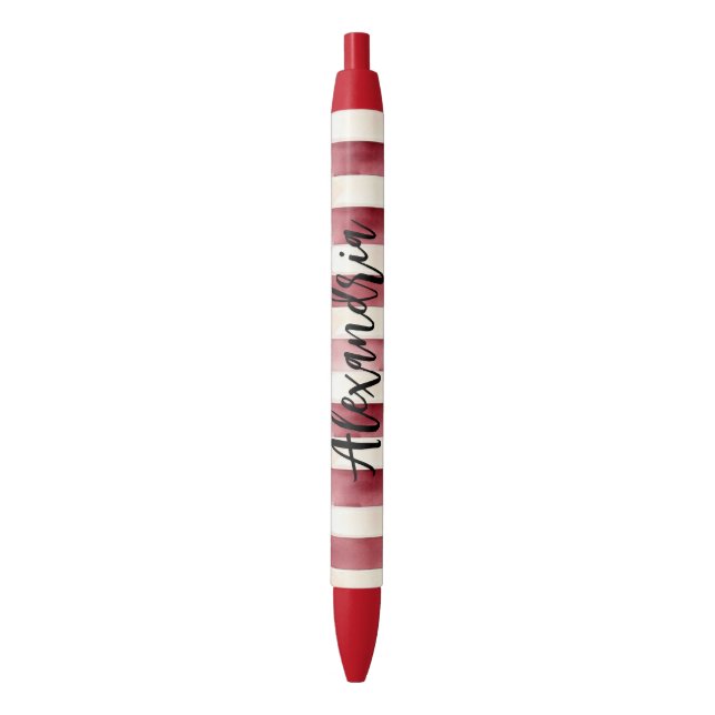 Red Burgundy Cream Stripes Christmas Black Ink Pen (Front Vertical)