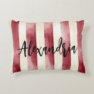 Red Burgundy Cream Stripes Flowers Leaves Decorative Cushion