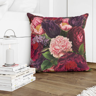 Red burgundy deep purple and blush pink flowers cushion