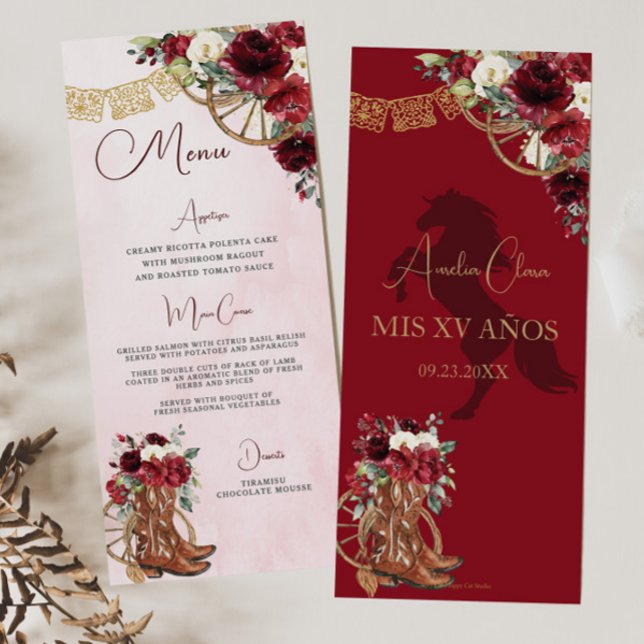 Red Burgundy Floral Charro Quinceañera XV Menu (Creator Uploaded)