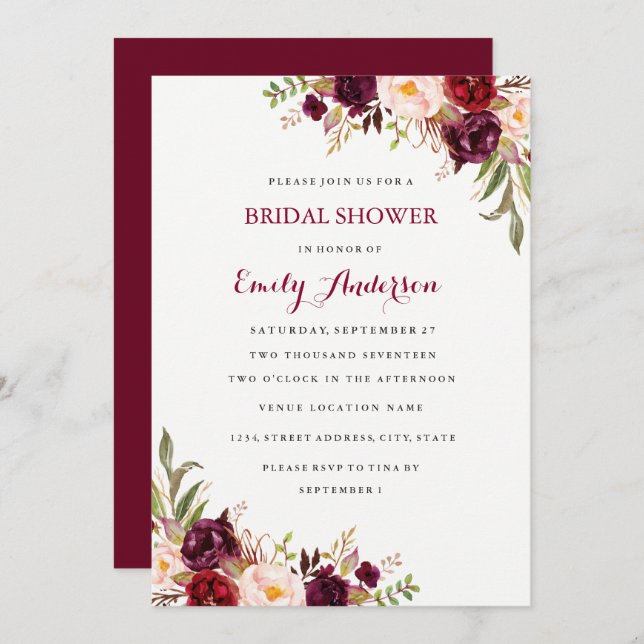 Red Burgundy Floral Fall Bridal Shower Card (Front/Back)