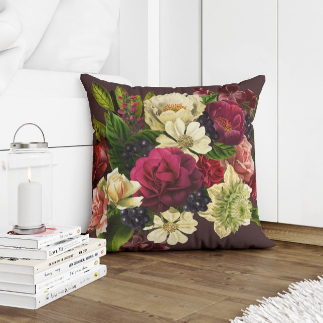 Red burgundy garnet green and cream flowers cushion (Creator Uploaded)